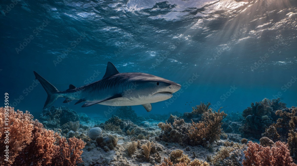 Naklejka premium Majestic Shark Gliding Through Vibrant Coral Reef Underwater with Sunlight Filtering Through Ocean Surface