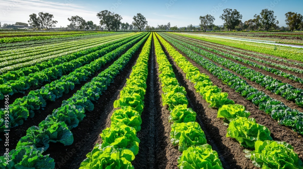 Obraz premium Lush Green Lettuce Rows Under Bright Blue Sky in Expansive Agricultural Field