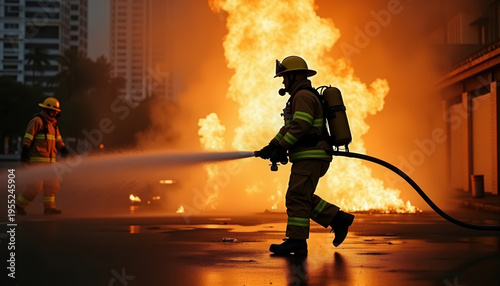 Firefighter extinguishes flames in urban environment during night operation in city streets