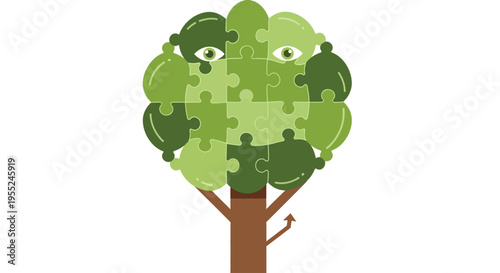 Green tree made of puzzle pieces with eyes, representing growth and awareness in nature and environmental conservation