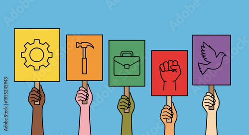Illustrating the concept of human rights, labor, and peace through diverse hands holding symbolic signs
