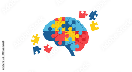 Puzzle pieces forming a human brain, symbolizing cognitive processes, learning, and problem-solving in a creative illustration