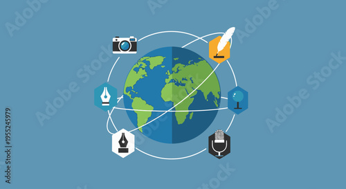 Global Communication and Digital Content Creation Concepts with Icons Representing Technology, Media, and the World