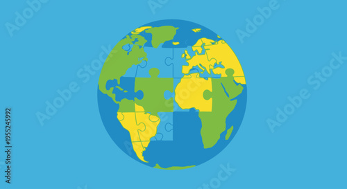 Jigsaw puzzle pieces forming continents on a globe, representing global connection and problem-solving