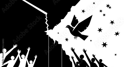 A black and white illustration depicting a dove flying out of a broken structure into a starry sky, with silhouetted people reaching up towards it
