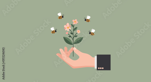 Gentle Hand Holding a Flower With Bees Flying Around, Symbolizing Nature's Harmony and Pollination