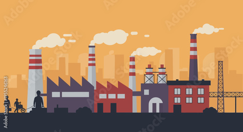 Industrial landscape with factories emitting smoke, symbolizing pollution and urban development