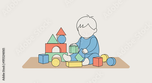 Child playing with colorful building blocks, learning and development through play, early childhood education concept illustration