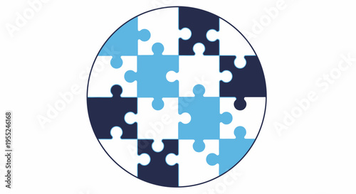 A circular arrangement of puzzle pieces in varying shades of blue, representing connection and problem-solving