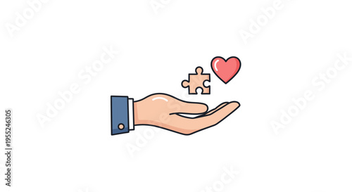 Hand holding a puzzle piece and heart, symbolizing care, connection, and problem-solving in relationships and community