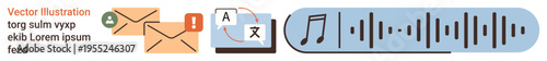 Digital communication, translation services, multilingual tools, email notifications, sound recognition, accessibility. Icon set with envelopes, language translator, and audio waveforms