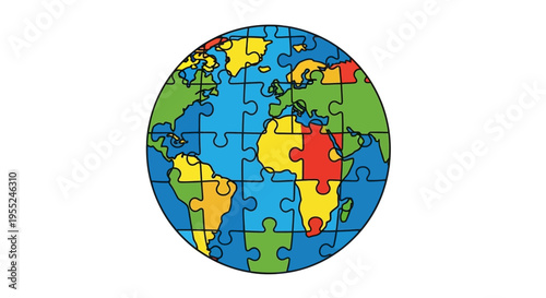 Globe made of colorful puzzle pieces, representing global connectivity and the interconnectedness of the world's nations, illustrating a complex yet solvable problem