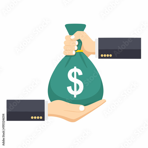 A hand holding a green money bag with dollar sign is handing it to another hand from a business transaction.