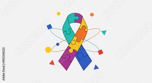 Autism awareness puzzle ribbon with scientific symbols, representing understanding and acceptance