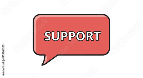 Support Speech Bubble - A graphic representation of a red speech bubble with the word SUPPORT in white text, conveying a message of assistance and help