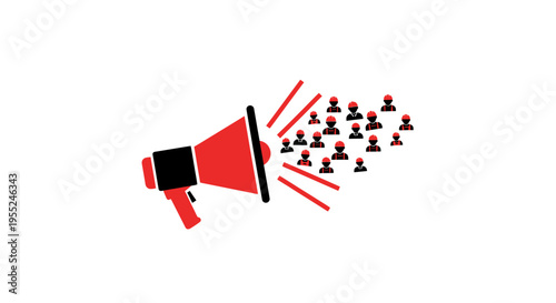 Megaphone announcing to a crowd of small figures, symbolizing public relations, announcements, or marketing campaigns