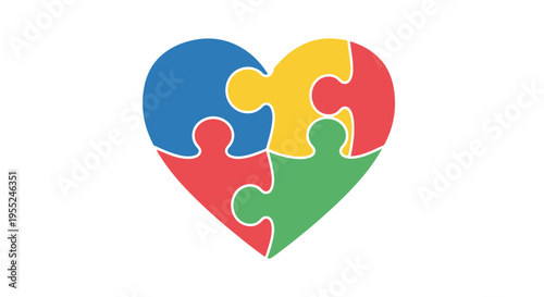 Heart puzzle pieces forming a cohesive unit, symbolizing unity, connection, and problem-solving, with distinct colors representing diversity and integration