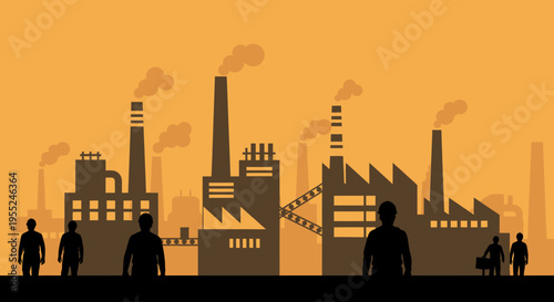 Industrial landscape with silhouettes of people in the foreground