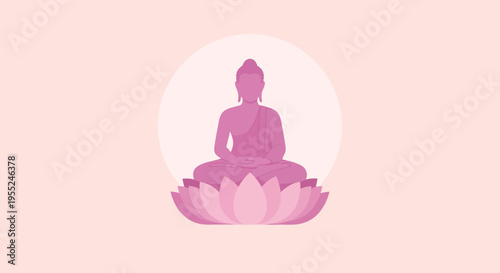 Serene Buddha meditating on a pink lotus flower, symbolizing peace and enlightenment in a minimalist Buddhist design