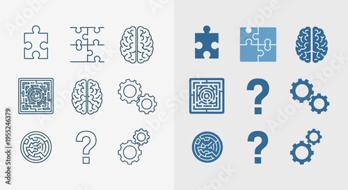 Collection of Blue and White Icons Featuring Brains, Gears, Puzzles, and Question Marks Symbolizing Ideas and Solutions