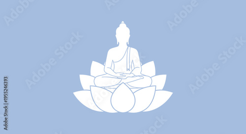 Serene Buddha meditation on a lotus flower, symbol of peace and enlightenment, in soft blue and white tones
