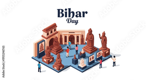 Isometric illustration of Bihar Day celebration with cultural monuments and people in traditional attire on a blue platform.