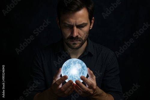 Man holds glowing sphere in dark room while focusing on the object and its light as he contemplates its meaning and significance in his hands at night