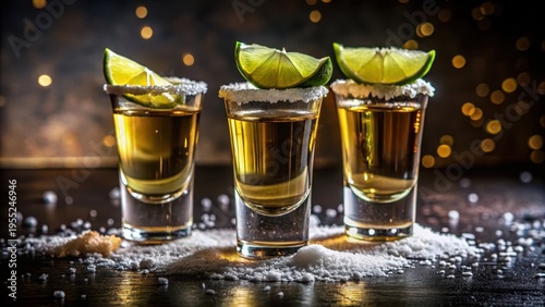 A realistic photo of Three tequila shots with salted rims