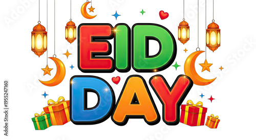 Vibrant eid day celebration with lanterns and gifts