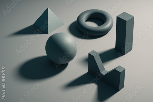 Various geometric shapes arranged in a flat layout showcasing different colors and textures