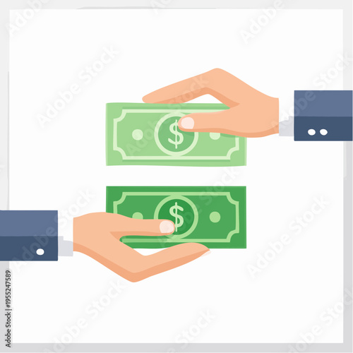 Two hands exchanging green banknotes horizontally in daylight