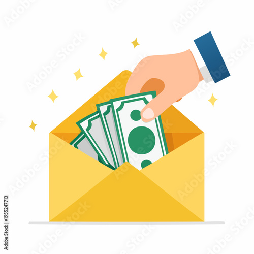 A hand putting money into an open envelope with sparkles around it.