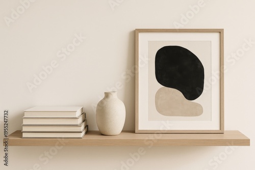 Decorative shelf with art and books in a simple interior setting
