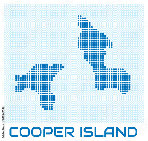 Cooper Island digital style map with blue rounded rectangle dots. Virgin Islands (UK). Dotted boundary shape. Cooper Island blue colored map and title on white background. Modern Vector Illustration.