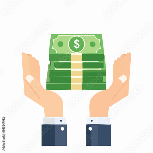 Illustration of hands holding stack of money bills upwards