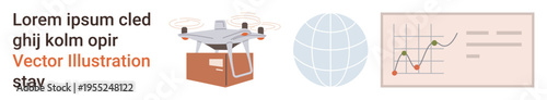 E-commerce, logistics, technology, statistics, global business, innovation. quadcopter carrying package, globe icon graph with analytics. E-commerce and logistics in a global business context