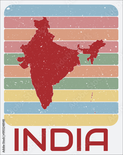 India vintage logo. Shape of the country on retro colored stripes background. India map design with grunge scratch texture. Vector illustration.