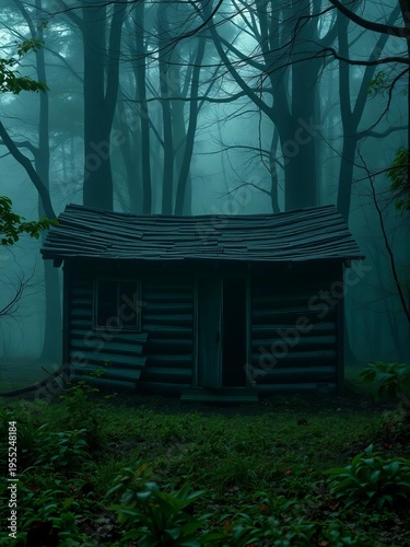 Creepy, abandoned shack in a misty, overgrown forest with ominous shadows, forest,  dark