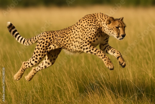 Cheetah hunts in tall grass during the day in an open savanna landscape
