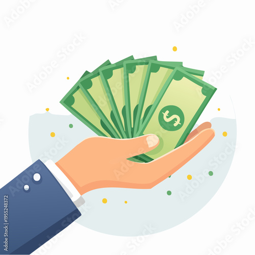A hand holding many green dollar bills in an outdoor financial setting.