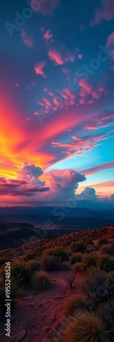 Vast sky painted in fiery hues over a serene landscape,  panorama,  color