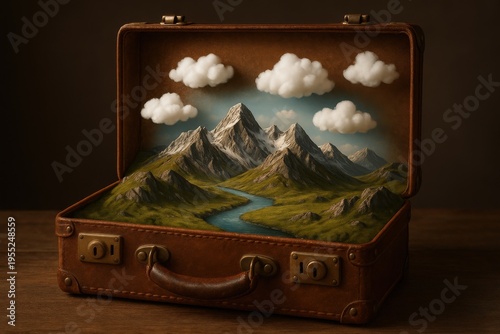 Landscape inside a suitcase shows mountains, a river, and clouds, creating a unique travel scene with a creative twist