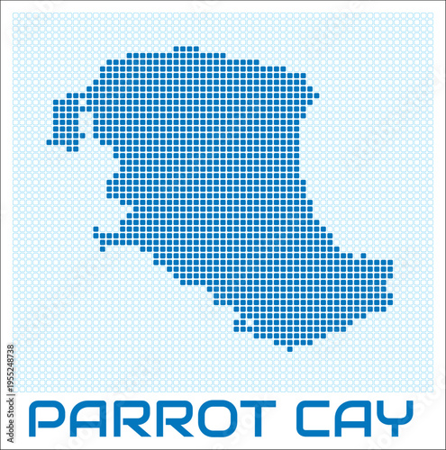 Parrot Cay digital style map with blue rounded rectangle dots. Turks and Caicos. Dotted shape of the island. Parrot Cay blue colored map and title on white background. Creative Vector Illustration.