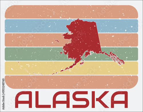 Alaska, United States vintage logo. Shape of the state on retro colored stripes background. Alaska, United States map design with grunge scratch texture. Vector illustration.