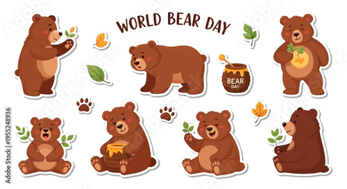 A set of cute brown bear illustrations in various poses with leaves and food for World Bear Day, with a design focused on bear conservation awareness and wildlife protection.