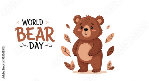 A cute brown bear illustration standing amidst falling leaves with the text 'World Bear Day' on a clean white background, conveying bear conservation awareness.