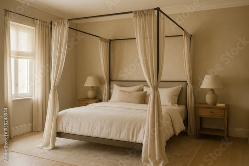 Canopy bed in a light and simple bedroom with curtains and a window during daytime