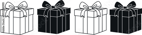 Gift box vector set with ribbon bow in outline and solid silhouette styles isolated on light background