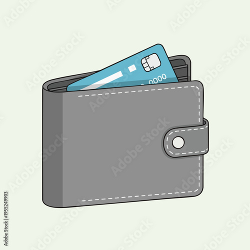 A gray bifold wallet with a blue credit card peeking out, clasped shut