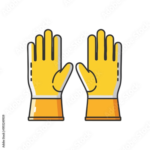 Pair of yellow protective gloves with orange cuffs, isolated on white